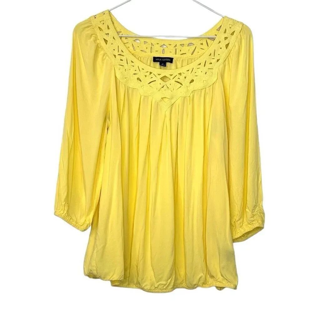 Max Edition Womens Blouse Top 3/4 Sleeve Crochet Neckline Yellow Size Medium